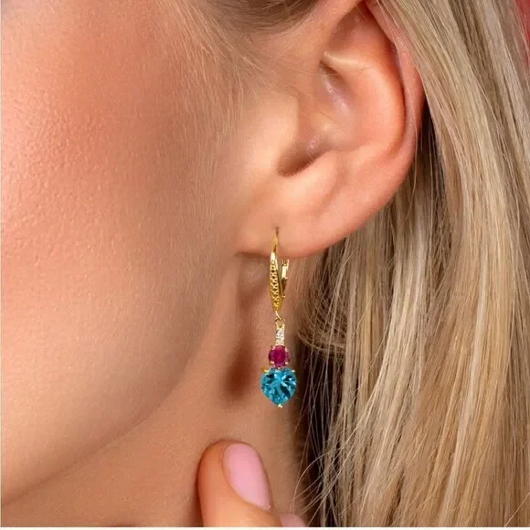 18K Yellow Gold with 3.73 Cttw London Blue Topaz and Ruby Heart Drop Earrings